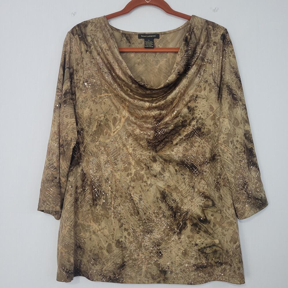 Vintage Y2K 3/4 Sleeve Cowl Neck Glitter Top size XL Earthy Tones Fairy Grunge